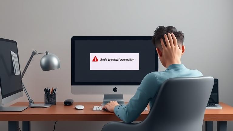 alt_text: Frustrated user at desk with error on monitor, troubleshooting 1Password connection issue.