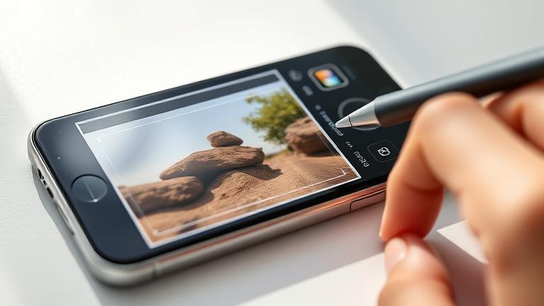 alt_text: iPhone screen shows pixelated photo being fixed with editing tools and touch interaction.