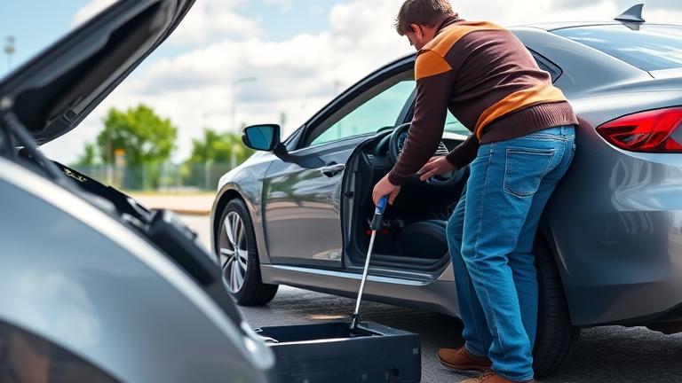 alt_text: Person manually shifting a car into neutral after a dead battery outdoors during daytime.
