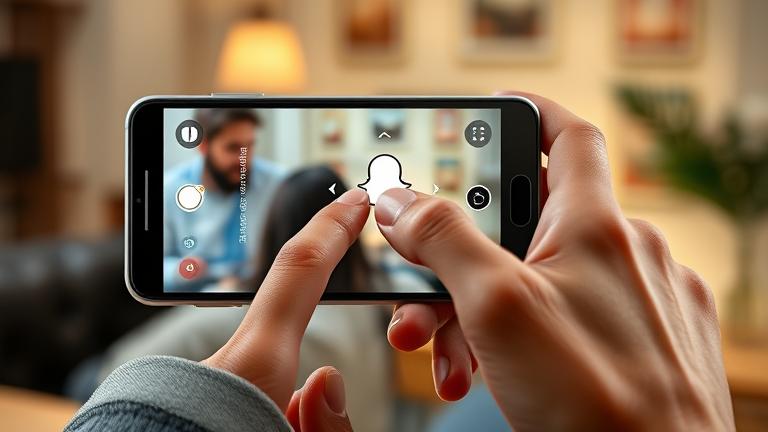 alt_text: Person records Snapchat hands-free on Android, in cozy setting, with recording overlay.