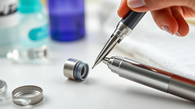 alt_text: Close-up of hand cleaning a terp pen with brushes and solutions in a tidy workspace.