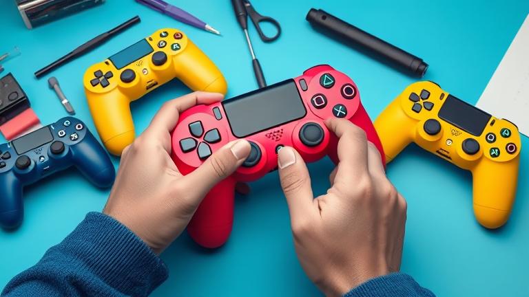 Alt_text: Person customizing PS4 controller with colorful shells and tools on a clean workspace.