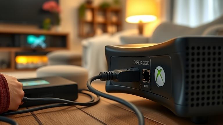 alt_text: Person setting up Xbox 360 wired internet connection in a cozy gaming room.