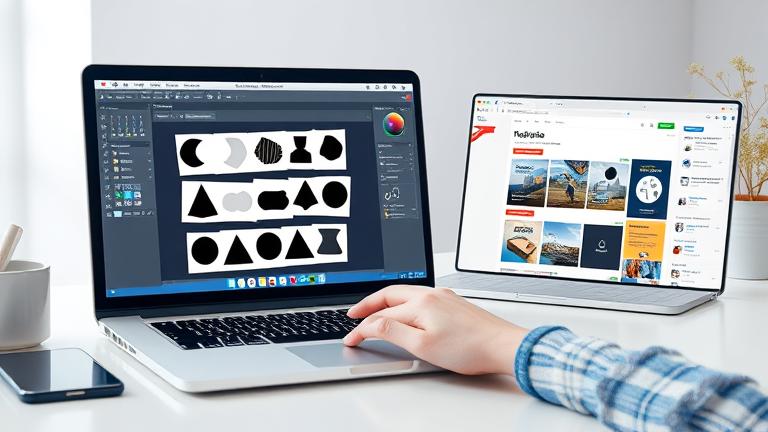 alt_text: Laptop with Photoshop shapes open, website pages, and user in modern workspace.