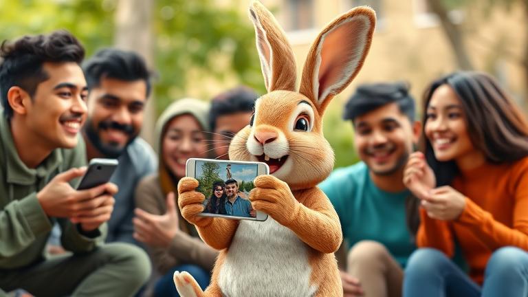 alt_text: Colorful rabbit sharing videos on device with friends in cozy outdoor or indoor setting.