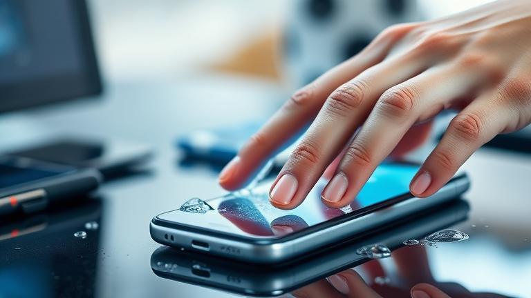 alt_text: Person gently wiping water droplets off a smartphone screen in a modern workspace.