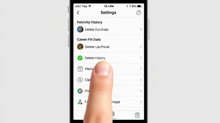 alt_text: Smartphone with fitness app, user deleting activity history in settings.
