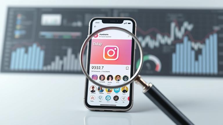 alt_text: Smartphone with Instagram profile, magnifying glass, and analytics charts, illustrating activity monitoring.