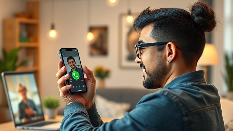 alt_text: Person confidently on a WhatsApp video call with sharp visuals and strong Wi-Fi, in a bright workspace.