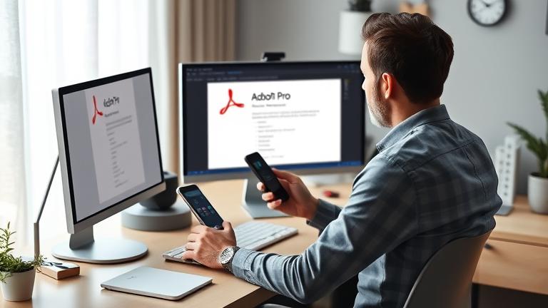 alt_text: Person at a modern home office, focusing on canceling Adobe Acrobat Pro.