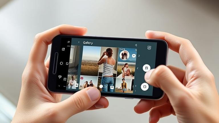 alt_text: Person adding gallery photos to Snapchat story on Android with app interface visible.
