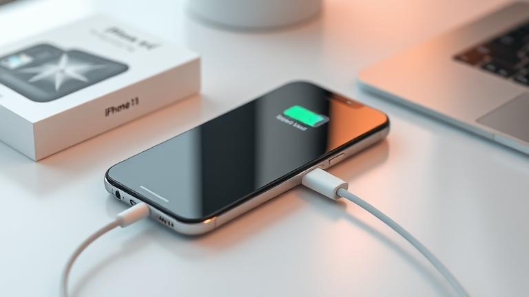 alt_text: New iPhone 11 charging setup on a modern desk with minimal, clean design.