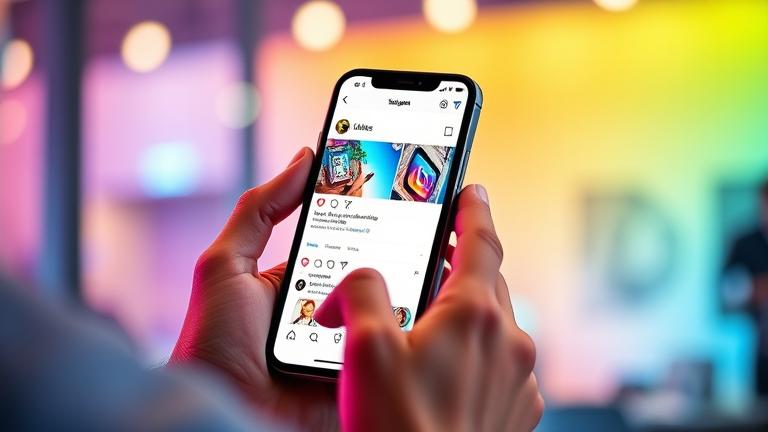 alt_text: Person viewing liked posts on Instagram with a vibrant, modern background and social icons.