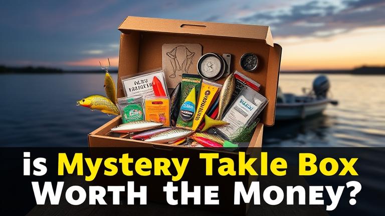 alt_text: Open tackle box with colorful lures by a serene lake at sunset, asking “Is Mystery Tackle Box Worth the Money?”