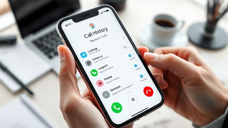 alt_text: iPhone showing call history in a modern workspace with accessories and a notepad.