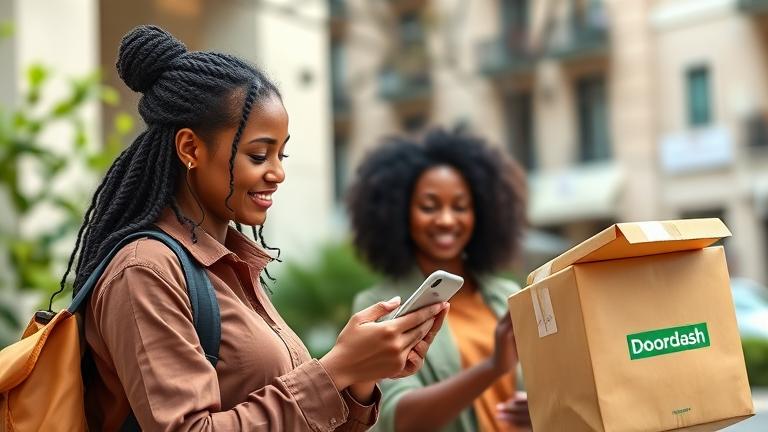 alt_text: Diverse DoorDash delivery person using a smartphone with digital payment options in a cityscape.