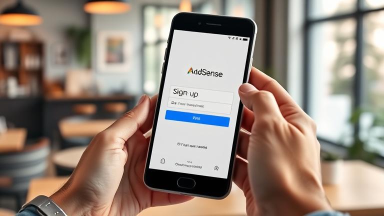 alt_text: Person holding phone with AdSense sign-up page in a modern workspace setting.