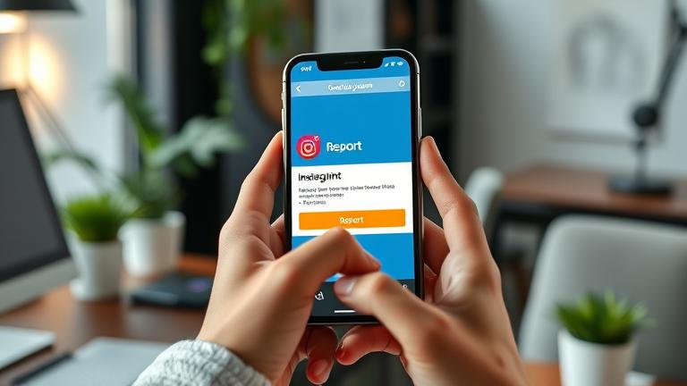 alt_text: Person reports copyright on Instagram using phone; logo, copyright icon visible.