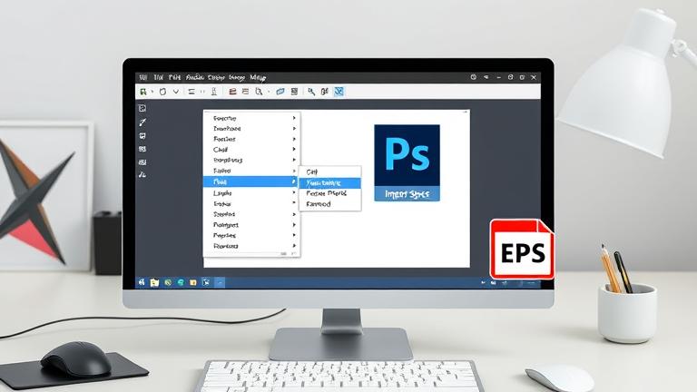 alt_text: Photoshop workspace with EPS file import, 'Place Embedded...' menu open, clean design.