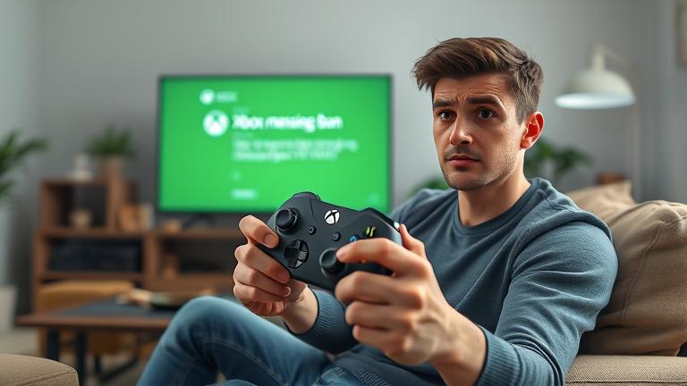 Person with Xbox controller shows concern; TV shows ban info, hopeful gaming environment.