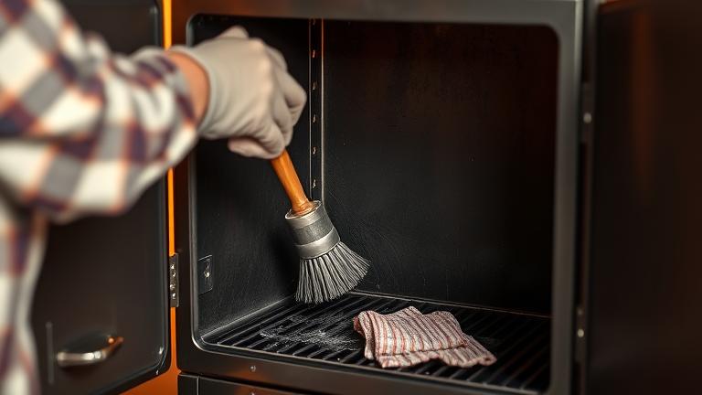 alt_text: Person cleaning a smoker's interior with brushes, gloves, and cleaning supplies, in warm light.