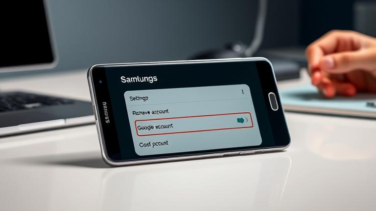 alt_text: Samsung Galaxy Note with settings menu to remove Google account, on a clean desk.