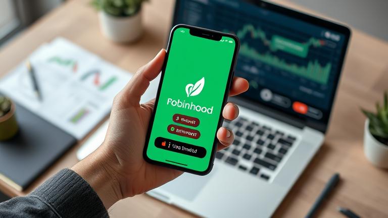 alt_text: Person holding smartphone with Robinhood app, in a modern financial workspace, confident investing.