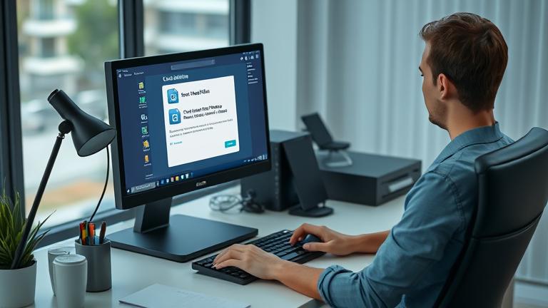 alt_text: Person at desk using CrashPlan software to delete files in a modern home office.