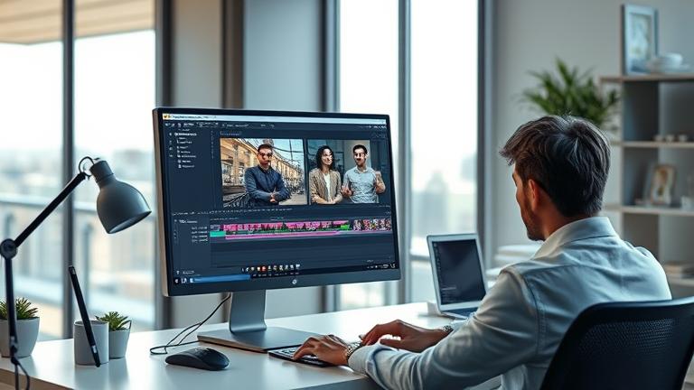alt_text: Person rendering a video in Photoshop on a monitor showing timeline and progress.