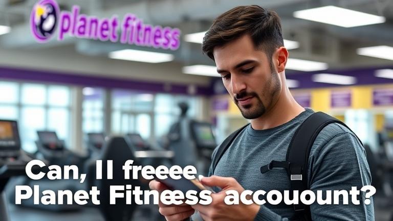 alt_text: Person at Planet Fitness checking phone, with "Can I freeze my account?" overlay.