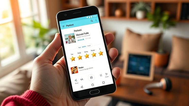 alt_text: Hand holds Android phone showing five-star podcast rating in a cozy setting.
