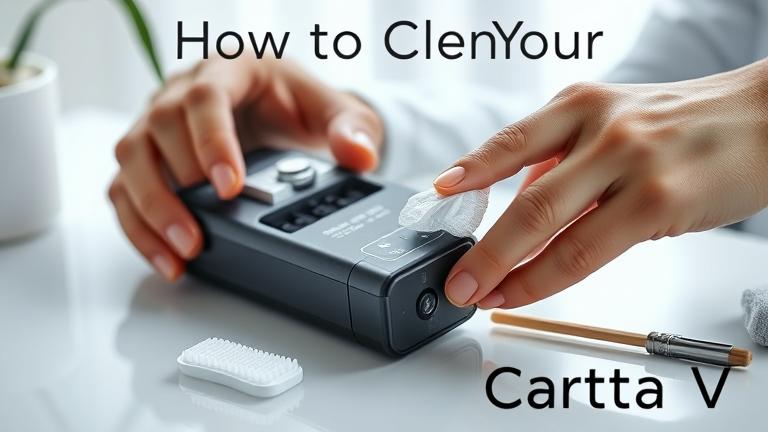 alt_text: Person cleaning Carta Focus V vaporizer with tools; clean background, instructional text.