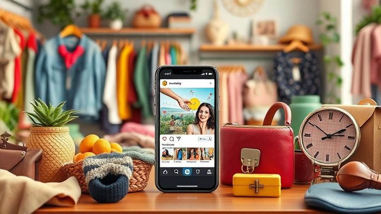alt_text: Stylish thrift shop setup with phone, vintage clothes, eco packaging, vibrant, inviting.