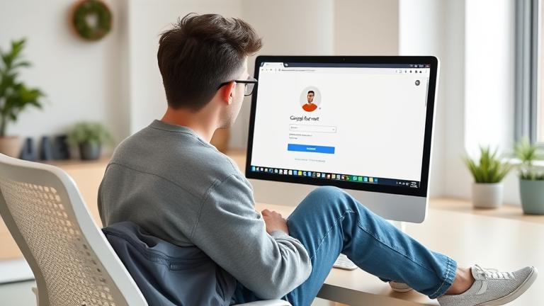 alt_text: Person at desk using Safari, hovering over profile to sign out of Google.