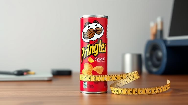 alt_text: Pringles can with ruler shows its height in inches on a countertop.