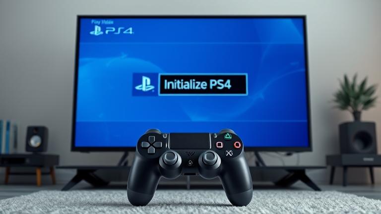 alt_text: Realistic PS4 setup with menu on TV, highlighting 'Initialize PS4' for reset.