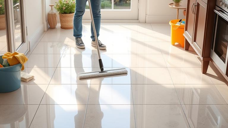 alt_text: Person cleaning shiny, waxed tile floor with mop, supplies nearby, bright and inviting setting.