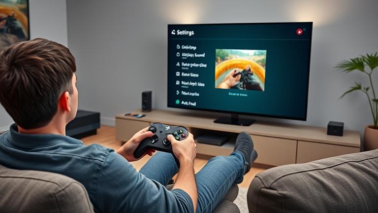alt_text: Person on couch adjusting Xbox One display settings in a modern, well-lit living room.