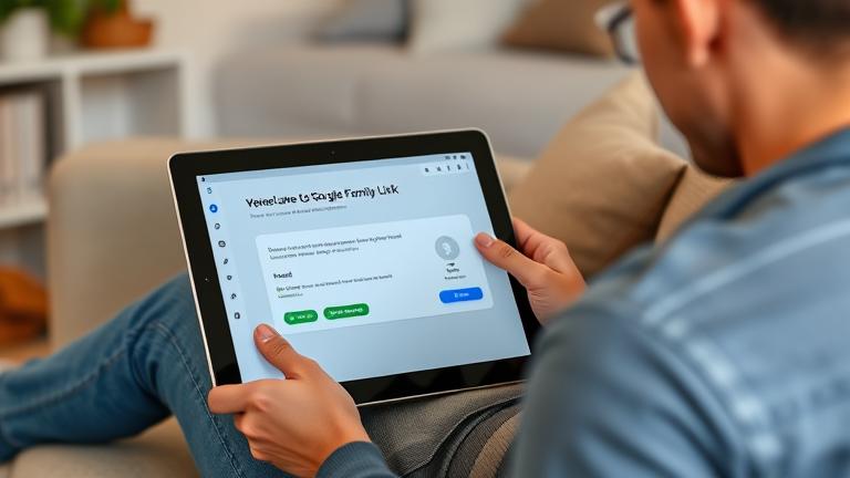Parent removing child's Google account via Family Link on tablet in a warm, supportive home.