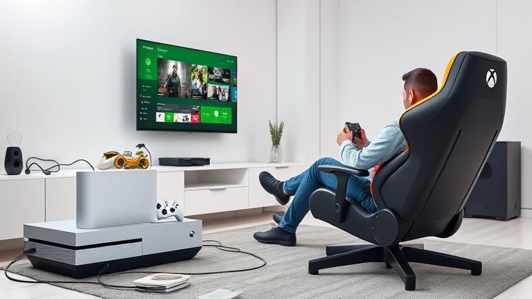 alt_text: Modern gaming setup with Xbox One integrated into a stylish, cozy gaming chair.