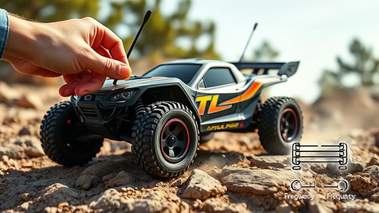 RC car in action on rugged terrain, hand adjusting frequency switch, dynamic outdoor scene.