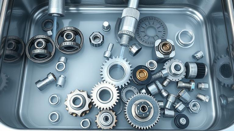 alt_text: Detailed scene of automotive parts in a parts washer with cleaning tools and solutions.