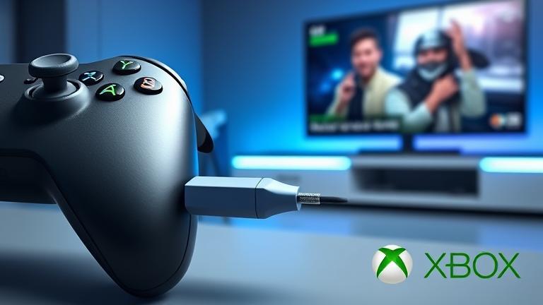 alt_text: AirFly adapter connected to Xbox controller with gaming setup, showcasing compatibility and tech vibe.