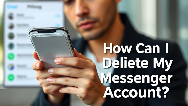 alt_text: Person with smartphone open to messaging app, amid privacy-themed background and "How Can I Delete My Messenger Account?" text.