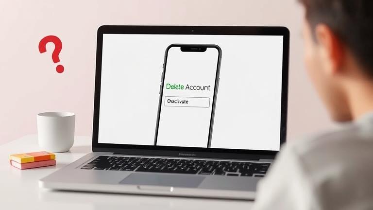 alt_text: Person looks at device with Badoo app open, highlighting 'Delete Account' option.