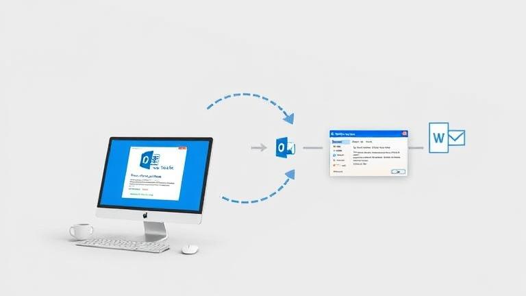 alt_text: Person reinstalling Outlook on computer with icons and prompts, displaying setup steps.