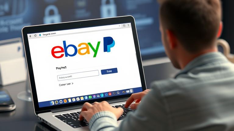 alt_text: Person updating PayPal info on eBay via laptop, emphasizing secure account management.
