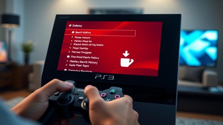 alt_text: PS3 in a living room, user managing search history with delete icon overlay.