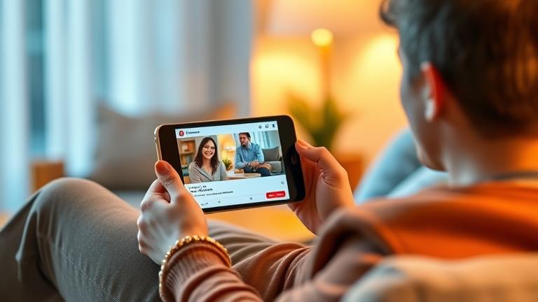 alt_text: Person relaxing on a couch watching a friendship video on Facebook on their device.