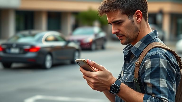 alt_text: Repo man in casual clothes tracks a phone alert in an urban parking lot scene.